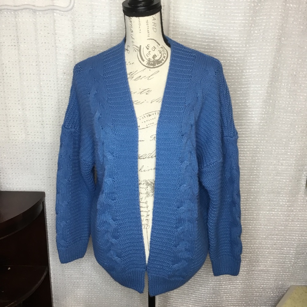 Blue Cable Knit Open Front Cardigan Sweater by PrinStory
